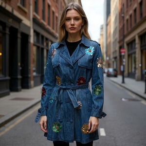 Manila Grace Denim Embroidered Trench Coat